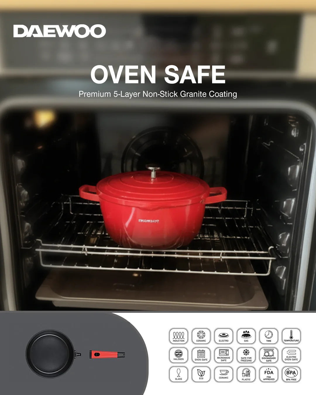 Daewoo Cast Aluminum 9-Piece Cookware Set (32cm Pot - 9.5L, 28cm Pot - 6.7L, 24cm Pot - 4.1L, 28cm Fry Pan - 2.5L, Red Shallow Casserole - 6.6L), 5-Layer Non-Stick Granite Coating, Silicone Utensils, Induction & Oven Safe, Chemical-Free