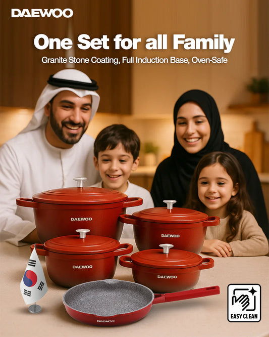 Daewoo Cast Aluminum 9-Piece Cookware Set (32cm Pot - 9.5L, 28cm Pot - 6.7L, 24cm Pot - 4.1L, 28cm Fry Pan - 2.5L, Red Shallow Casserole - 6.6L), 5-Layer Non-Stick Granite Coating, Silicone Utensils, Induction & Oven Safe, Chemical-Free