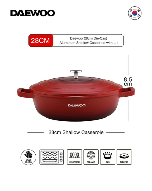 Daewoo 28cm Die-Cast Aluminum Shallow Casserole with Lid – Non-Stick Granite Stone Coating, Full Induction Base, Oven-Safe, Chemical-Free, Red – 6.6L
