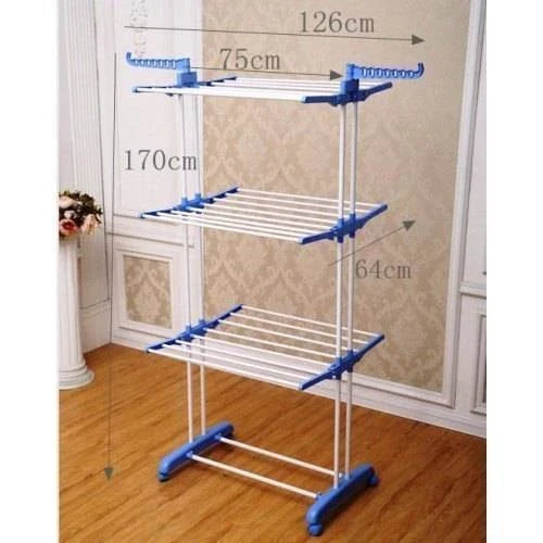 The Three Layer Clothes Rack Hanger with Wheels is easy to assemble and clean It is perfect for drying and hanging clothes indoor or outdoor.