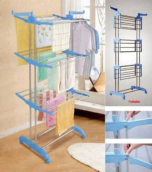 The Three Layer Clothes Rack Hanger with Wheels is easy to assemble and clean It is perfect for drying and hanging clothes indoor or outdoor.