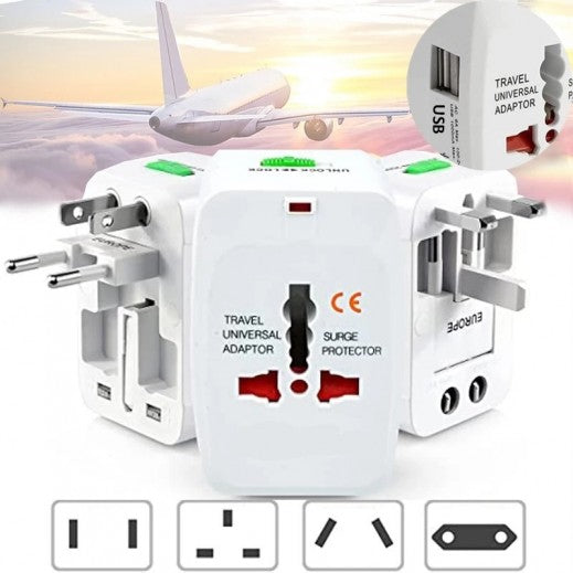 Universal Multi Pin Travel Adapter with USB Port - White