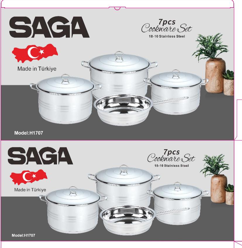 طقم أواني طهي فاخر من الفولاذ المقاوم للصدأ - ماركة SAGA الأصلية H1707
