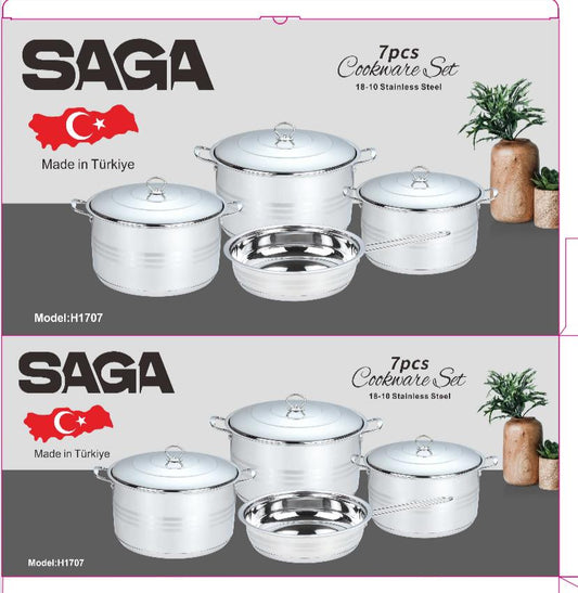 طقم أواني طهي فاخر من الفولاذ المقاوم للصدأ - ماركة SAGA الأصلية H1707