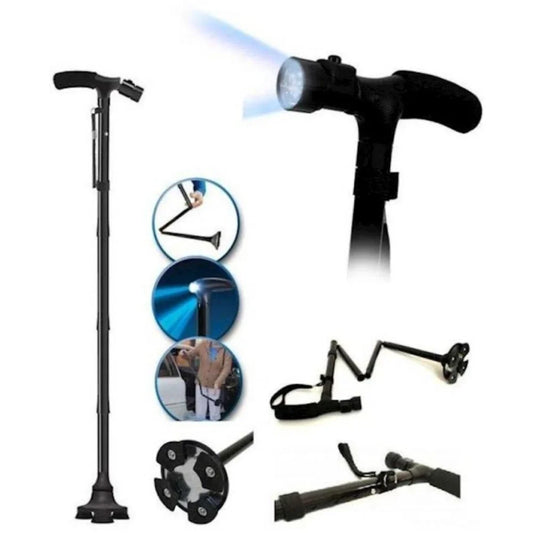 Get Foldable Elderly Walking Stick with LED Light, Collapsible Adjustable Crutch with Anti