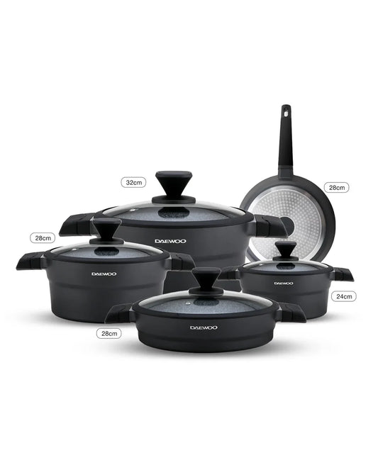 Daewoo 9-Piece Cookware Set – Die-Cast Aluminum, Granite Non-Stick Coating, Induction & Chemical-Free – 32cm (9.5L), 28cm (6.7L), 24cm (4.1L) Pots, 28cm Fry Pan with Removable Handle, 28cm Shallow Casserole, Black & Gray
