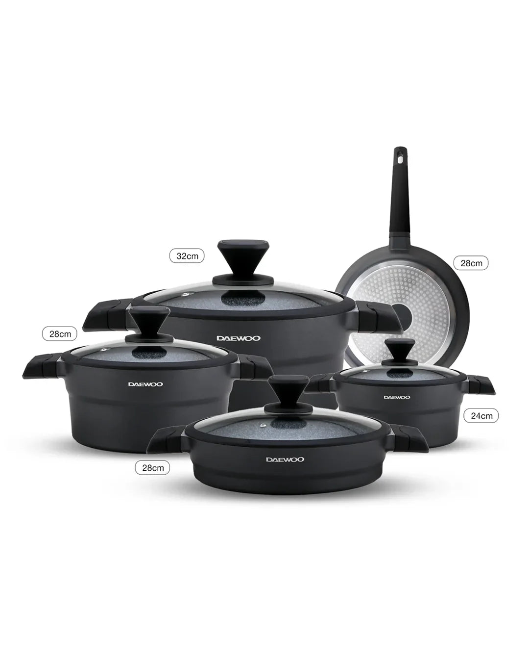 طقم أواني طهي دايو من سلسلة X، 9 قطع - ألومنيوم مصبوب، غير لاصق من الجرانيت، آمن للاستخدام في الفرن والحث الحراري - أسود وأحمر