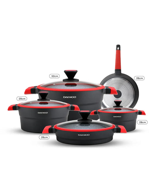 Daewoo 9-Piece X Series Cookware Set – Die-Cast Aluminum, Granite Non-Stick, Induction & Oven Safe – Black & Red