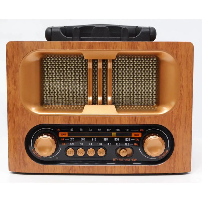 راديو ماير ريترو خشبي - بلوتوث، FM/AM/SW، USB، بطاقة TF، MP3، مدخل AUX - قابل لإعادة الشحن ببطارية 1200 مللي أمبير/ساعة وخيار طاقة مزدوج - مكبر صوت على الطراز القديم -