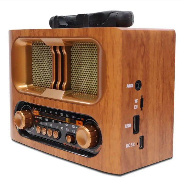 راديو ماير ريترو خشبي - بلوتوث، FM/AM/SW، USB، بطاقة TF، MP3، مدخل AUX - قابل لإعادة الشحن ببطارية 1200 مللي أمبير/ساعة وخيار طاقة مزدوج - مكبر صوت على الطراز القديم -