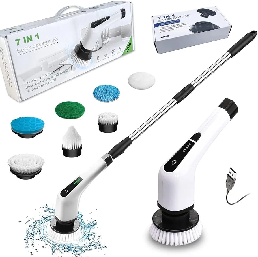 فرشاة التنظيف الدوارة متعددة الاستخدامات تعمل باللمس مع 5 رؤوس وعصا تمديد