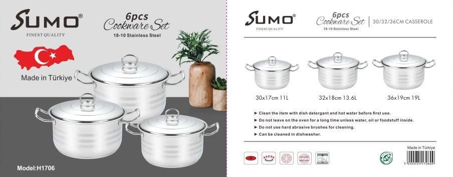 طقم أواني طهي سومو - جودة تركية فاخرة 🇹🇷
٦ قطع | ستانلس ستيل ١٨/١٠ | الموديل: H1706