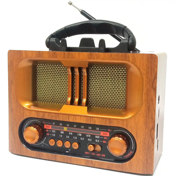 راديو ماير ريترو خشبي - بلوتوث، FM/AM/SW، USB، بطاقة TF، MP3، مدخل AUX - قابل لإعادة الشحن ببطارية 1200 مللي أمبير/ساعة وخيار طاقة مزدوج - مكبر صوت على الطراز القديم -